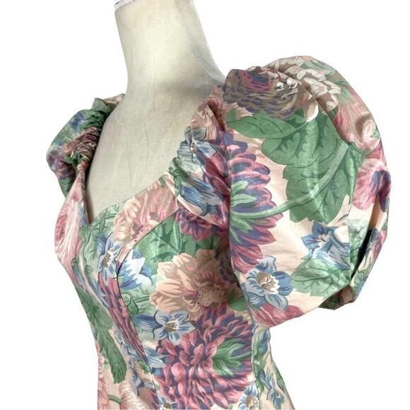 Vintage House of Bianchi Floral Victorian Prairie Midi Puff Sleeve Corset Dress - Picture 7 of 15